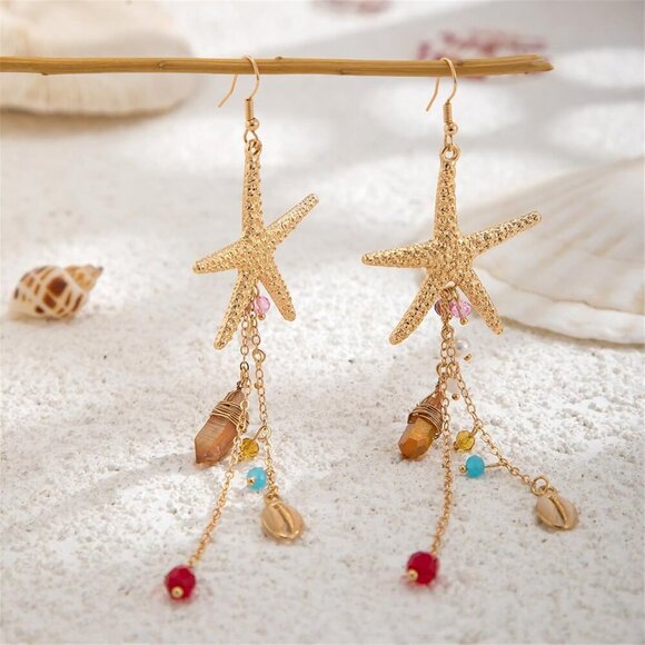 Gold Starfish Tassel Drop Earrings for Women Beach Jewelry Fashion Gift - Picture 3 of 7